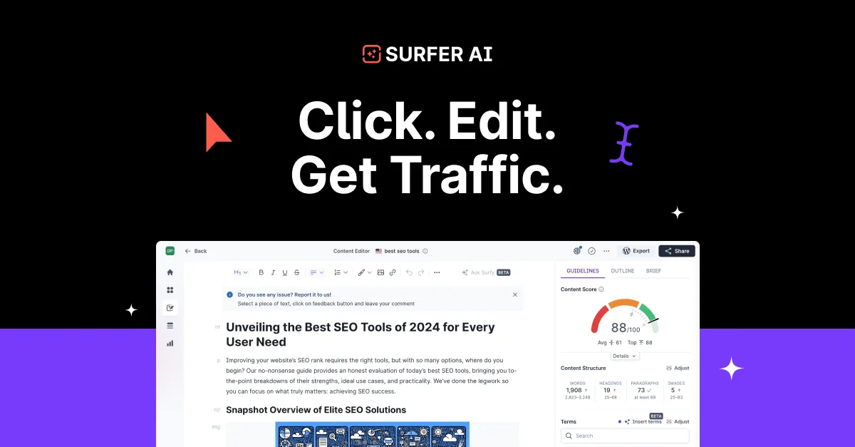 Surfer AI — 点击。编辑。获取流量。